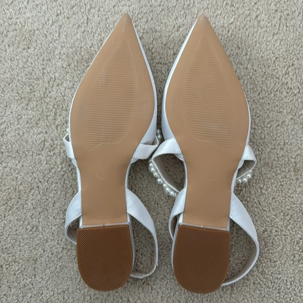 Up2Step White Pearl Embellished Satin Flats Slingbacks Pumps Closed Toe Flat - Picture 3 of 4